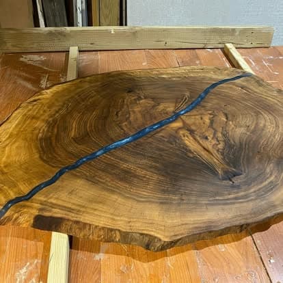 Blue epoxy river slab close-up