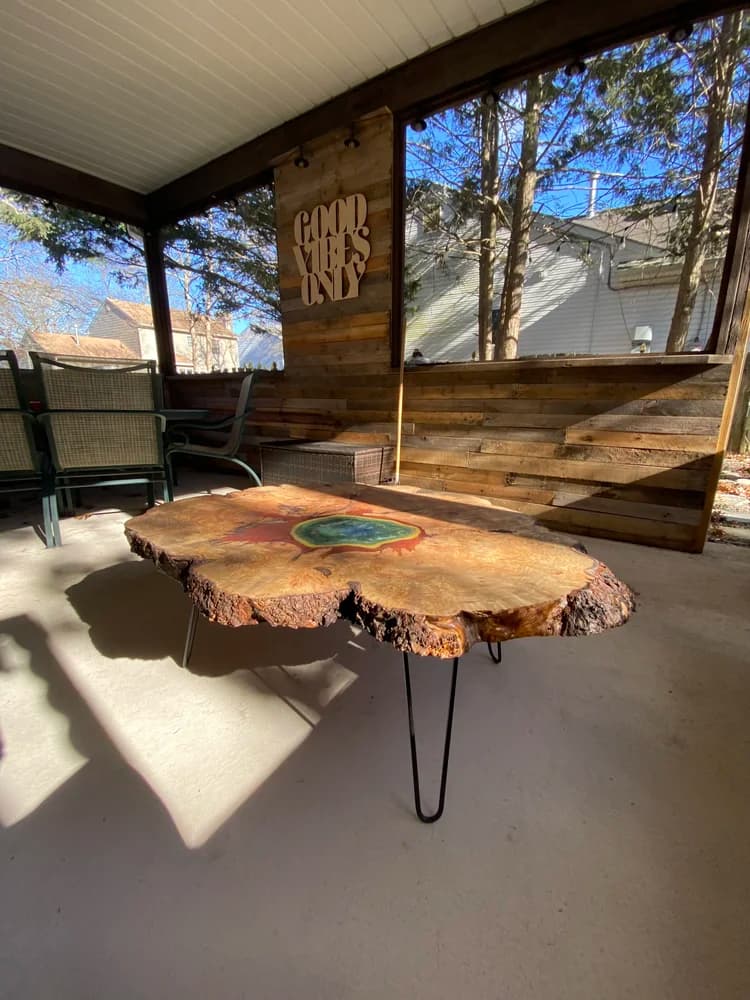 Yellowstone geyser epoxy coffee table on hairpin legs