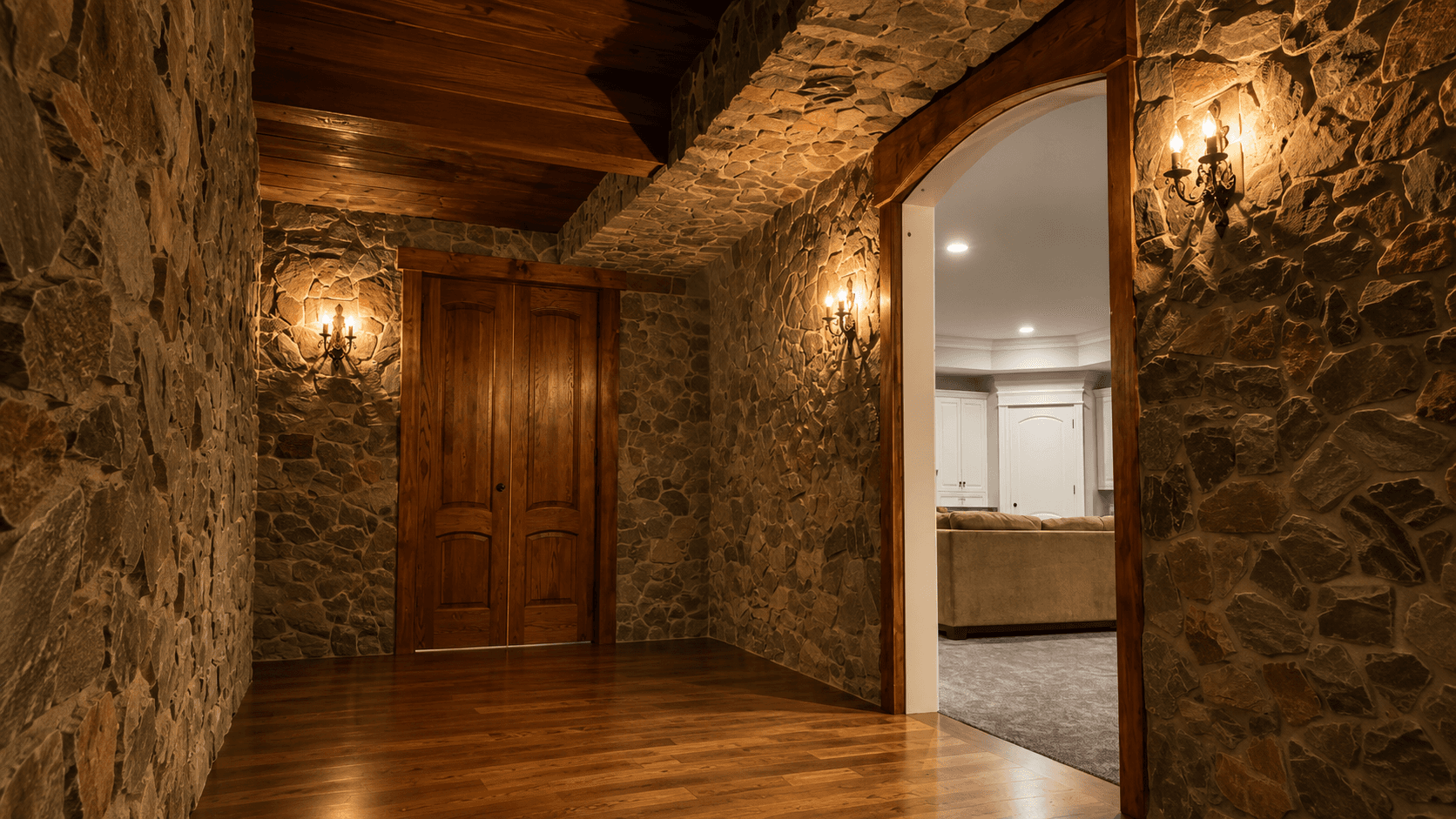 Stone archway interior with reclaimed wood ceiling