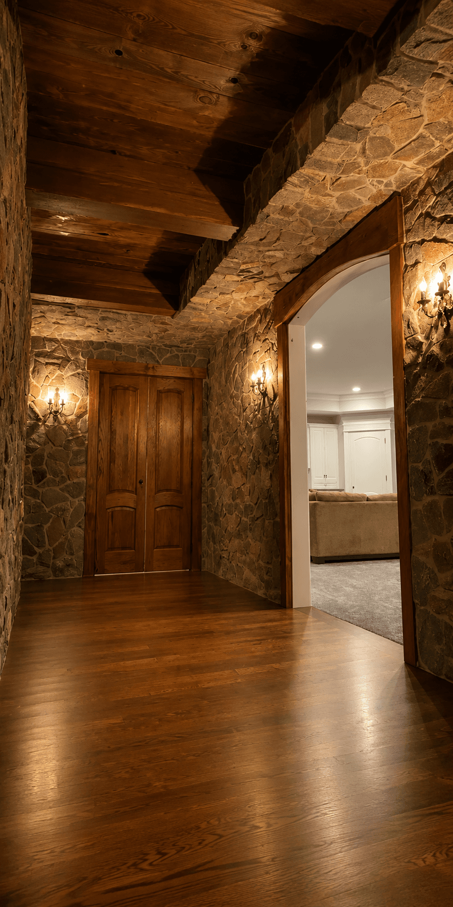 Stone archway interior with reclaimed wood ceiling