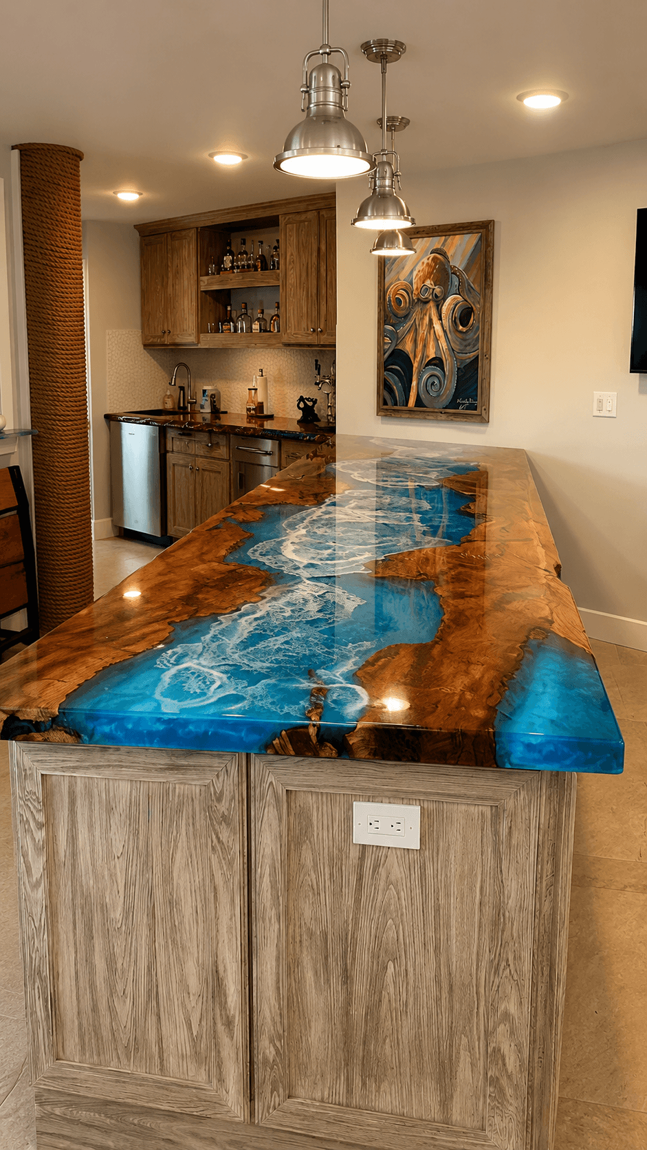 Kitchen island with an ocean blue epoxy river top
