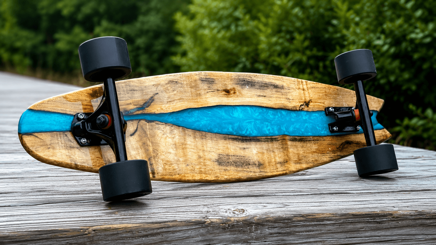 Epoxy and live edge longboard resting on a dock
