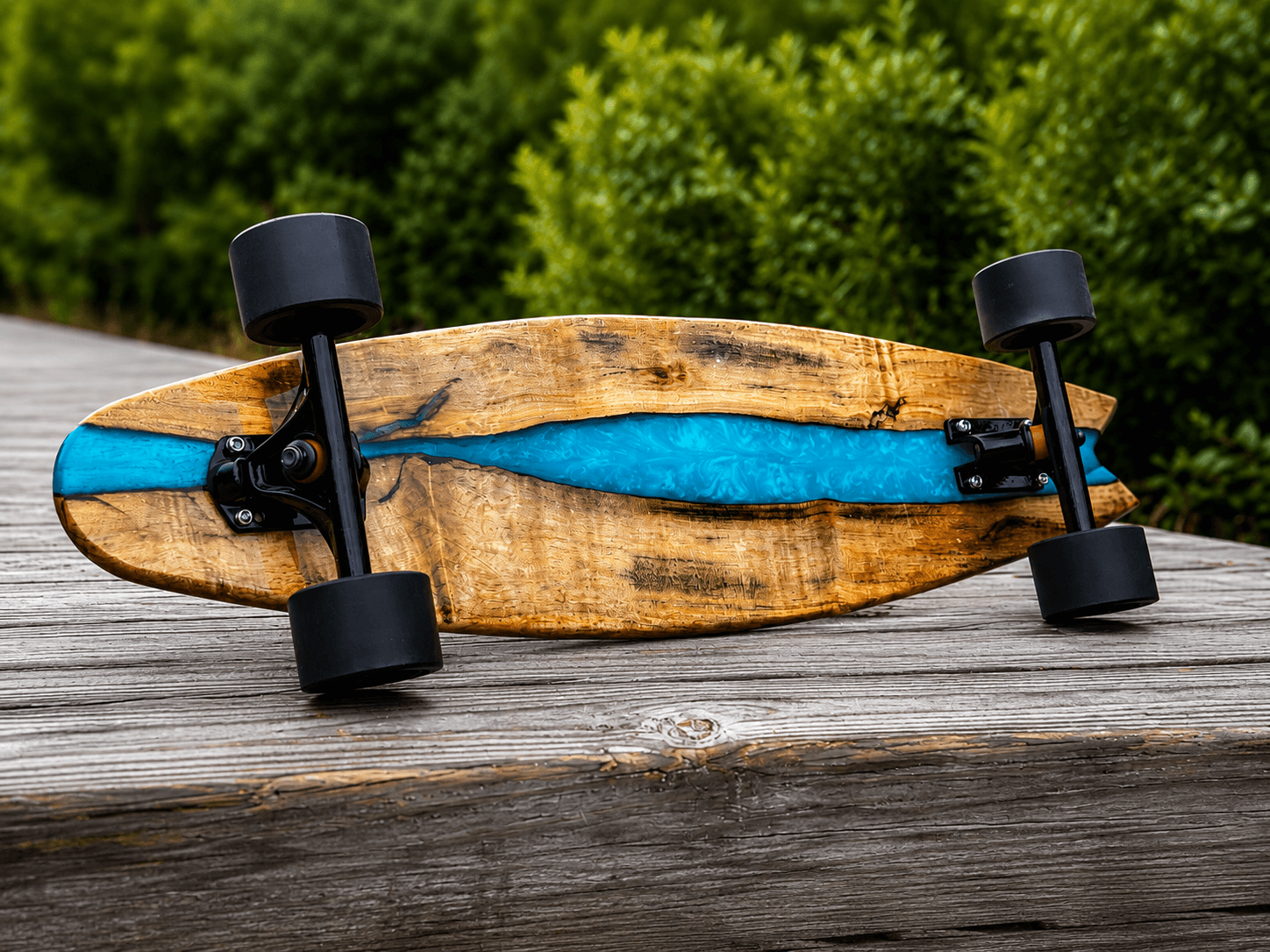 Spalted maple longboard with teal epoxy inlay on dock