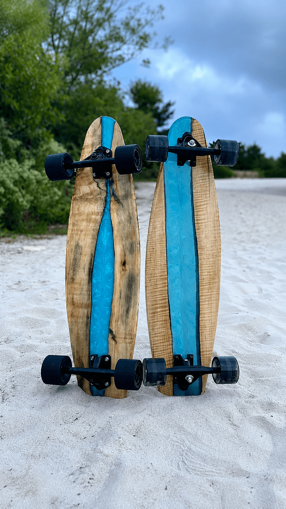 Epoxy and live edge longboard resting on a dock