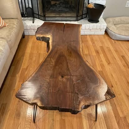 Organic shaped walnut slab coffee table with hairpin legs