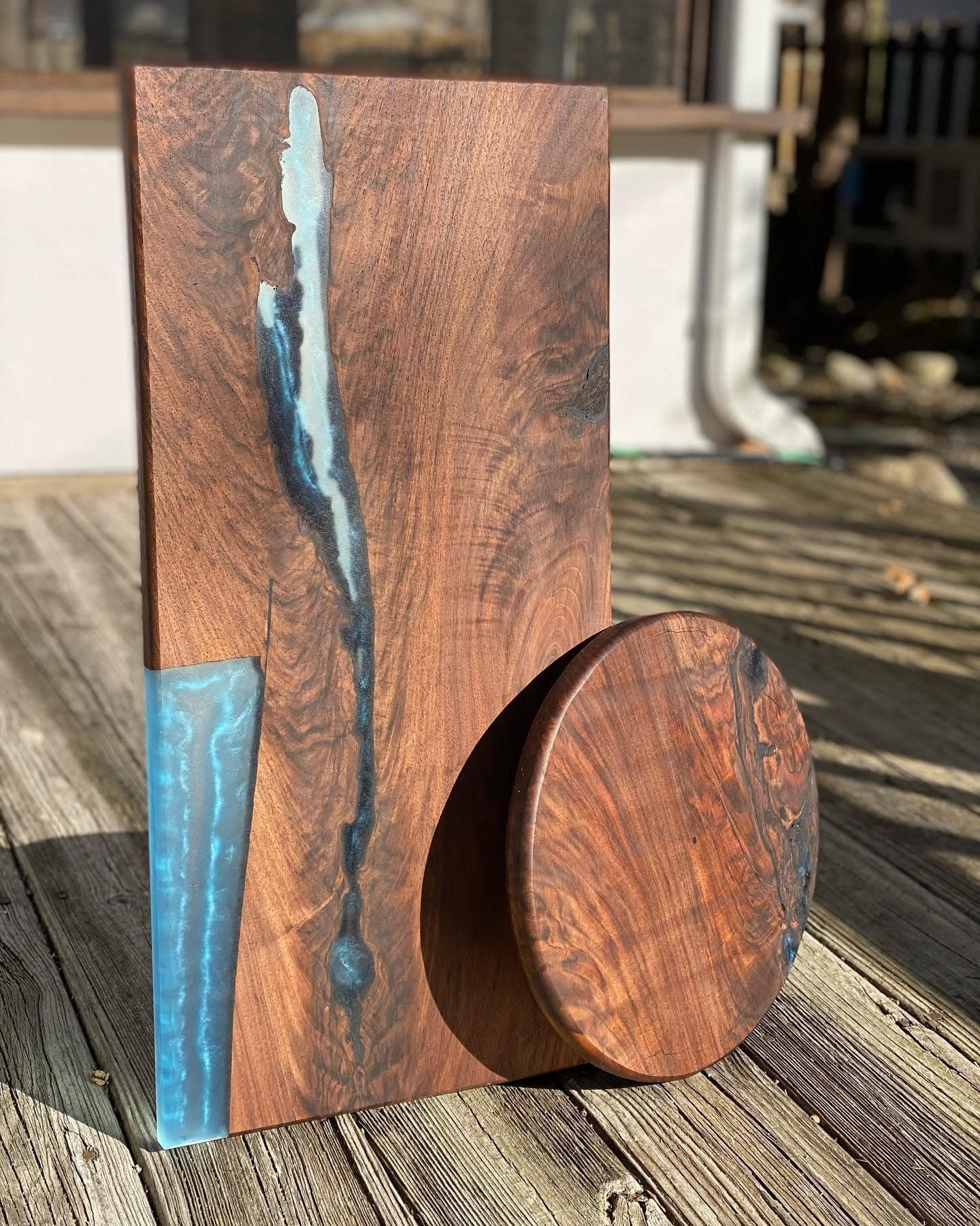 Black walnut charcuterie board and round set with glacier blue epoxy